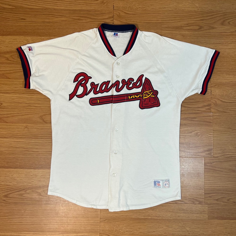 Vintage Russell Athletic Atlanta Braves Jersey Tomahawk Logo White Mens L USA